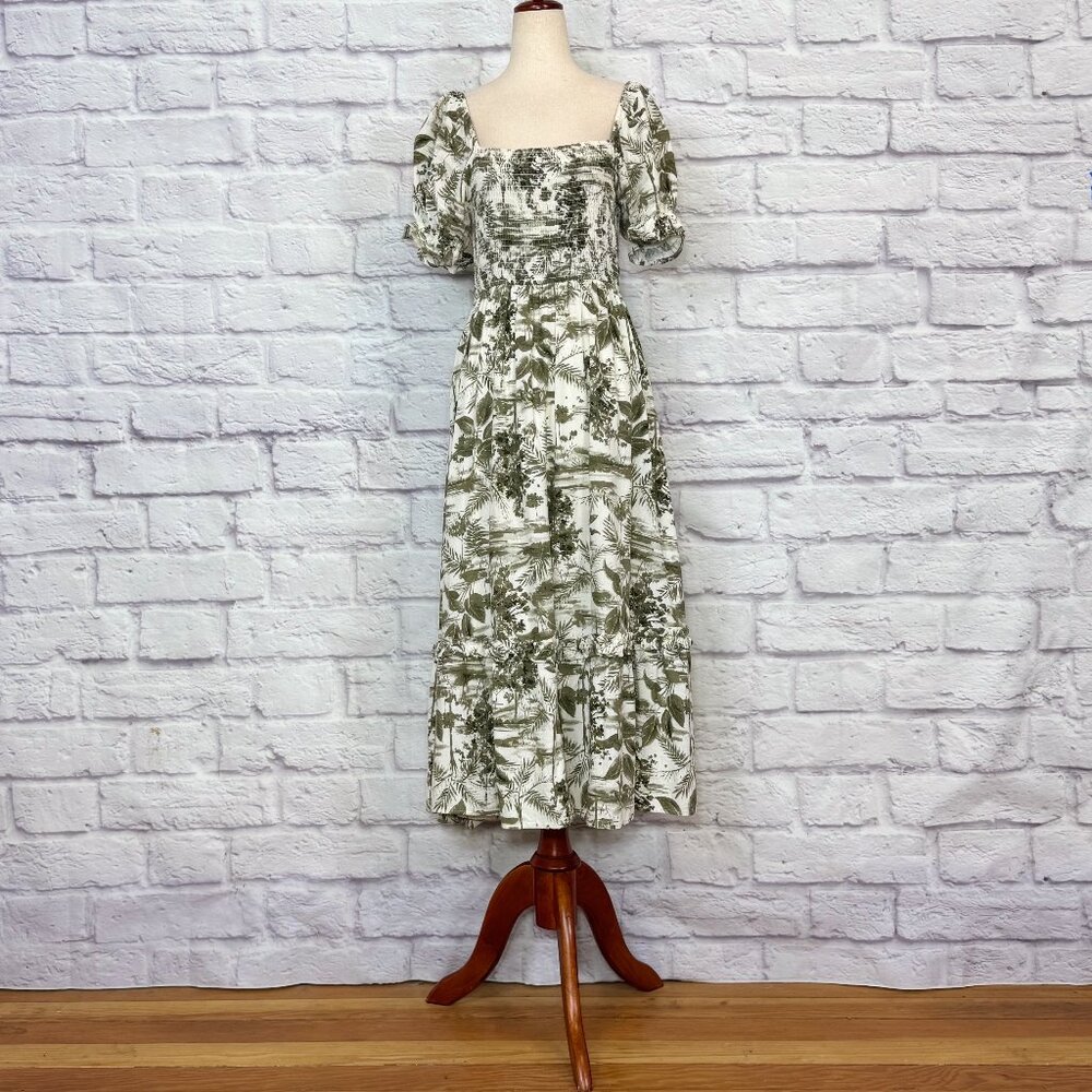 Anthropologie By the River Linen Blend Botanical Print Off-the-Shoulder Dress - Picture 1 of 6